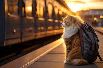 Cat with backpack waiting at train station during sunset

Concept: travel adventure, pet journey, curious explorer, sunset commute