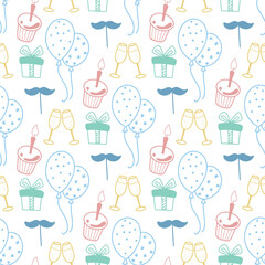 Festive cake with candle, balloons and gifts seamless pattern. Birthday hand drawn background. Doodle sketch style party print for textile, packaging, paper and design, vector graphics