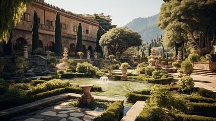 Fototapeta na wymiar A tranquil garden features a fountain surrounded by lush trees and bushes, creating a serene oasis