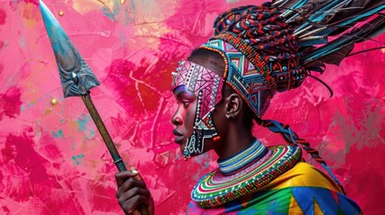 African woman holding a knife in front of a vibrant pink wall with colorful paint - Powered by Adobe