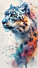 Wild snow leopard painting design illustration in watercolor style isolated