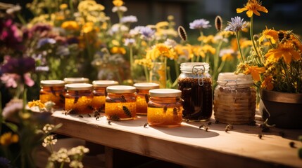 Honey jars amidst colorful flowers on a wooden table