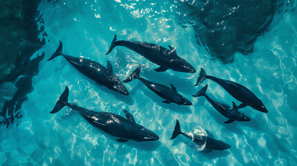 Aerial view of a pod of whales migrating through crystal-clear waters, the gentle giants casting shadows on the sea floor, epitomizing peaceful coexistence.