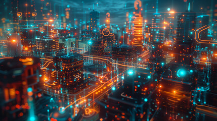 Obraz premium Network connection concept with Night view of a modern cityscape overlaid with vibrant digital network lines, symbolizing connectivity and data flow.