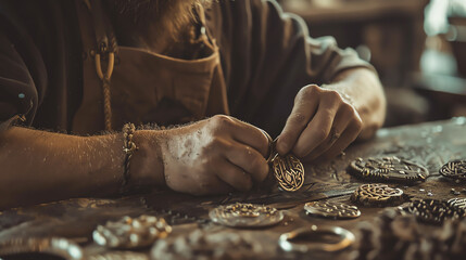 Artisan crafting Viking jewelry in a historical village, using ancient techniques to forge intricate brooches and necklaces, preserving cultural heritage.