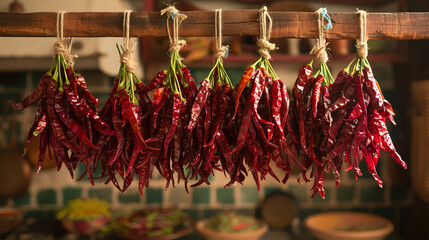 Artistic arrangement of dried chillies hanging in a traditional kitchen, adding a rustic charm and hint of spice to the decor.