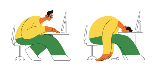 A man focused at computer, then exhaustedly lying face down on desk. Depicts work stress and fatigue. Concept of burnout, overwork.