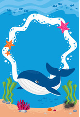 ocean frame banner poster with whale, algae, fish, coral, sea urchin and starfish
