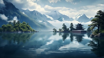 A tranquil lake reflects majestic mountains stretching towards the sky