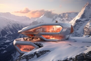 Futuristic mountain resort during sunset with snow and warm lights

Concept: futuristic architecture, luxury retreat, alpine scenery, innovative design
