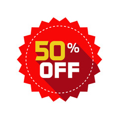 Sale tag vector badge template, 50 off sale label symbol, 50% sale promotion flat icon with long shadow, clearance sale sticker emblem, bargain sale red sign modern design isolated on white background