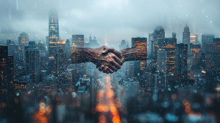 A photo of two people of different skin tones shaking hands with a cityscape in the background.
