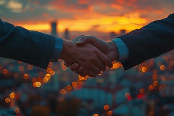 A photo of two people shaking hands with a sunset in the background.