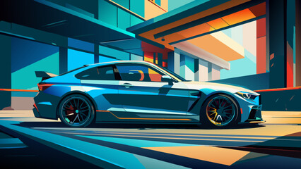 A sports car on the road.The road into the distance. The car rushes along a picturesque road.Let's go! An illustration of a car ready for new discoveries in the vast expanses. bmw m4