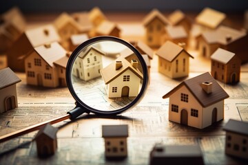 A magnifying glass is held over a map with several model houses on it.