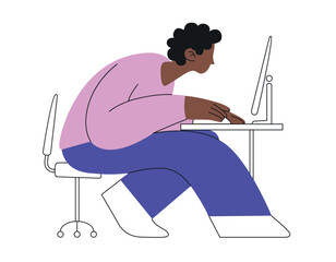 Vector illustration of an African man working at computer. Deep concentration and focus on the job task. work environment, concentration, and productivity.