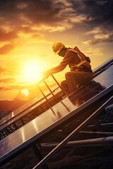 A construction worker wearing a hard hat and safety vest installs solar panels on a rooftop at sunset.