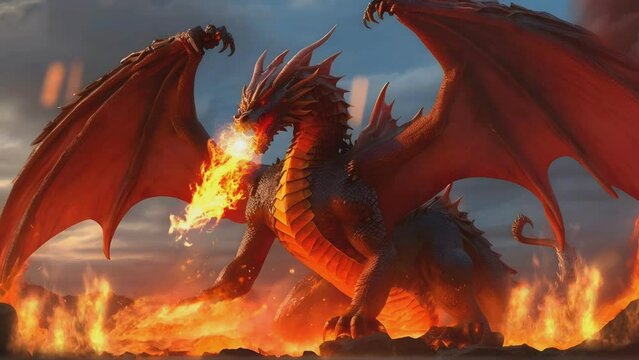 dragon spitting fire on a backdrop of a volcano with flashes of fire