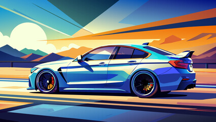 A sports car on the road.The road into the distance. The car rushes along a picturesque road.Let's go! An illustration of a car ready for new discoveries in the vast expanses. bmw m4