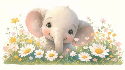 Cute watercolor baby elephant with flowers, pastel color