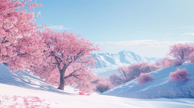 Cherry blossoms bloom against a snowy landscape with distant mountains under a serene blue sky. Created with Generative AI.