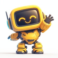 Cute yellow robot smiling and waving in the style of cuteness