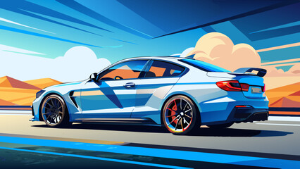 A sports car on the road.The road into the distance. The car rushes along a picturesque road.Let's go! An illustration of a car ready for new discoveries in the vast expanses. bmw m4