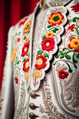 Embroidered traditional jacket on mannequin, detailed craftsmanship, cultural fashion, vertical format.

mexican traditional embroidery, cultural attire, fashion craftsmanship, ornate design, elegant 