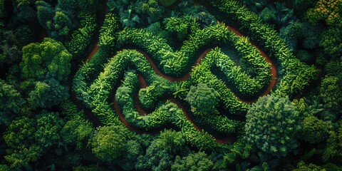 An aerial view of a lush green maze carved into a dense forest. - obrazy, fototapety, plakaty