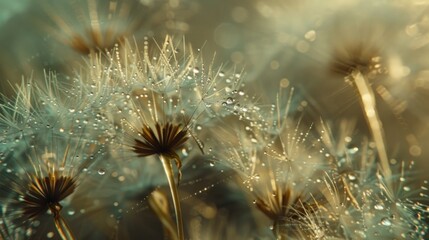 Abstract macro image of dandelion seeds with water drops. macro