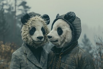 Storytelling image of a couple wearing giant panda head