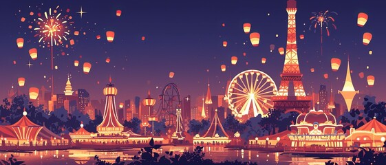 Amusement park with a ferris wheel, circus tent and city lights in the background.  - obrazy, fototapety, plakaty