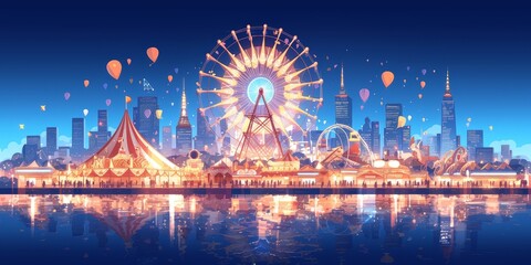 Amusement park with a ferris wheel, circus tent and city lights in the background.  - obrazy, fototapety, plakaty