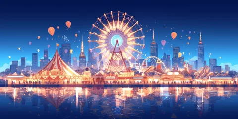 Deurstickers Amusement park with a ferris wheel, circus tent and city lights in the background.  © Photo And Art Panda