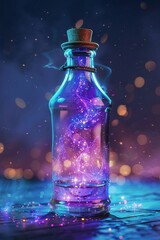 3D illustration of a finely crafted bottle, vibrant magic potion, sparkles around, twilight, mystical