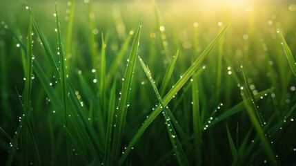 Fototapeta na wymiar Drops of morning dew glisten on the green grass in the rice fields.