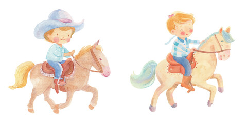 kid riding horse watercolor vector illustration