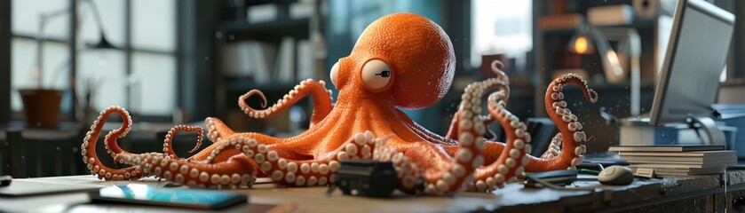 3D visualization of an octopus CEO at a desk, multitasking with tech gadgets, office backdrop, engaging - obrazy, fototapety, plakaty