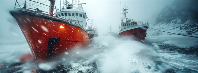 A cargo or fishing ship is caught in a severe storm. Ship at sea on big waves. Fishing industry in the Atlantic and Northern Oceans.