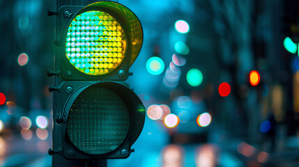 Close-up of a green traffic light against a blurred urban background, symbolizing go and movement in city traffic management.