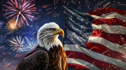 Naklejka premium bald eagle, symbolizing the celebration of US Independence Day, against the background of the flag and sky with fireworks 