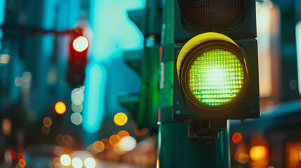 Close-up of a green traffic light against a blurred urban background, symbolizing go and movement in city traffic management.