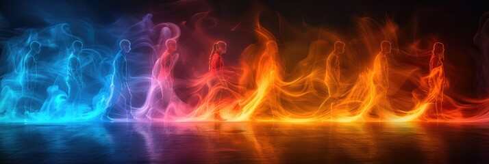 Flames of blue and orange in the shape of people walking - obrazy, fototapety, plakaty