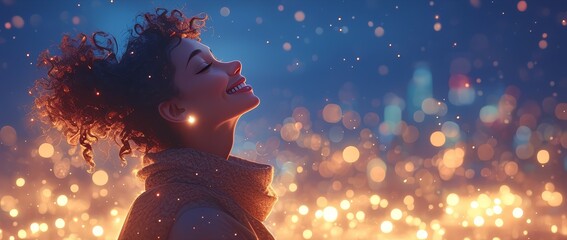Fototapeta premium Happy woman smiling and looking up at the night city lights with a bokeh background. A Black girl wearing winter standing in the street
