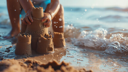 Close-up of a kid's hands molding towers of a sand castle, with the ocean waves gently lapping in the background, capturing a moment of focus and joy. - obrazy, fototapety, plakaty
