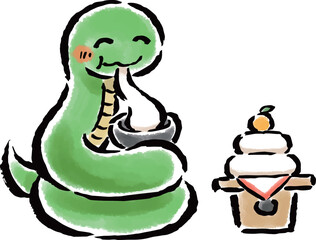 お正月にお餅を食べる巳（へび）　筆タッチ手描きイラスト
