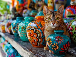 A cat sitting in front of colorful vases.