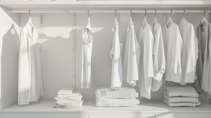 A serene white wardrobe interior, clothes hanging in perfect order, epitomizing clean design