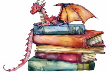 Watercolor illustration of a dragon sitting on top of a stack of books, isolated on white background
