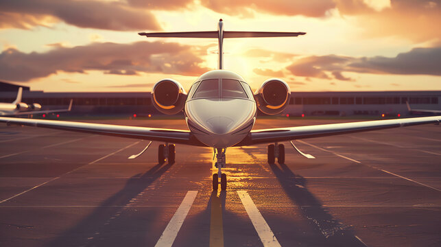 Close-up of a small private plane on a runway, ready for take-off, highlighting personal aviation and luxury travel.
